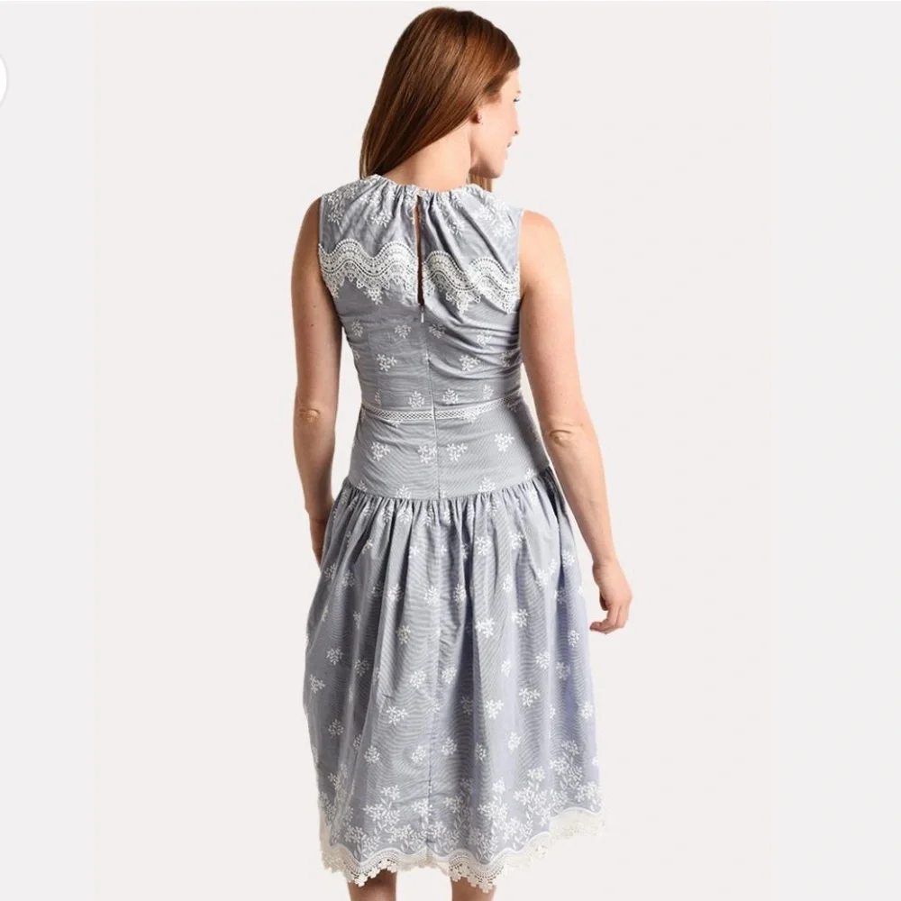 Monique Lhuillier Blue Sleeveless Embroidered Lace Poplin Midi Dress Size 14 - Picture 5 of 16
